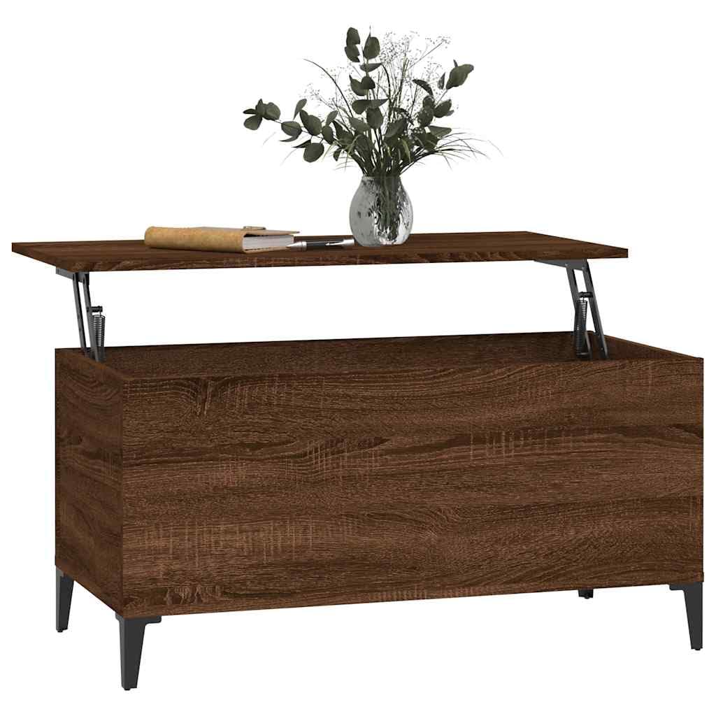 Stolik kawowy brązowy o wyglądzie dębu, 90 x 44,5 x 45 cm, materiał drewnopochodny z blatem o regulowanej wysokości, miejsce do przechowywania, trwałe wzornictwo, idealny do salonu, narożnika
