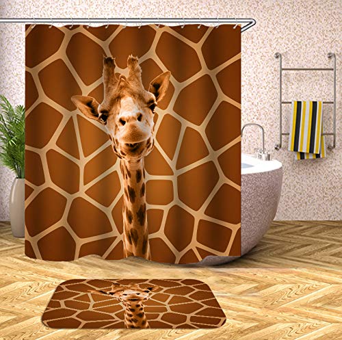 Fabric Shower Curtain, Giraffe Cute with Same Brown Background Polyester Designer Cloth, Print Decorative Bathroom Curtains Include Hooks Set (1206)