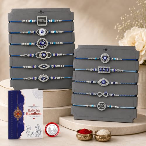Image of Oblivion Bulk 12 Rakhi Combo for Bhaiya and Cousins with Roli Tikka, Silver Color Pooja Coin & Greeting Card | Assorted Multicolor Handmade Beaded Threads, Rakshabandhan Festive Gift, Pack of 15