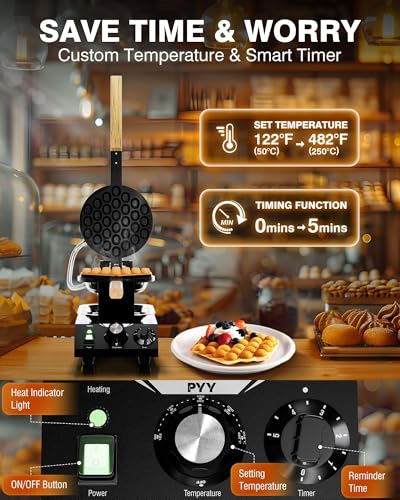 Image of PYY Bubble Waffle Maker - 1500W Commercial Egg Puff Waffle Iron, 122-482℉ Electric Stainless Steel, 180 Rotating, Non-Stick Coating, Wooden Handle & Crumb Tray, Hong Kong Round Cones