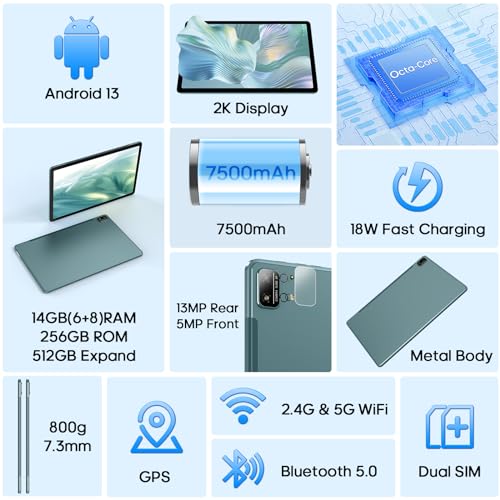 Image of Tablet, 6+8GB (Expanded) RAM 256GB ROM, 11 Inch Android 13 Tablets with Octa-Core Processor, 2K Display, 13MP+5MP Camera, 18W Fast Charging, 7500mAh, GPS, WiFi, BT 5.0, Dual SIM, 2.4G /5G WiFi