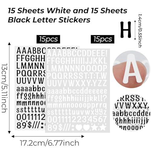 15 Blatt White Letter Stickers Buchstaben Zahlen Aufkleber Kit Buchstaben Aufkleber Selbstklebend Wasserfeste Vinyl Alphabet Nummer Sticker für Scrapbook Grußkarte Aufkleben zur Dekoration