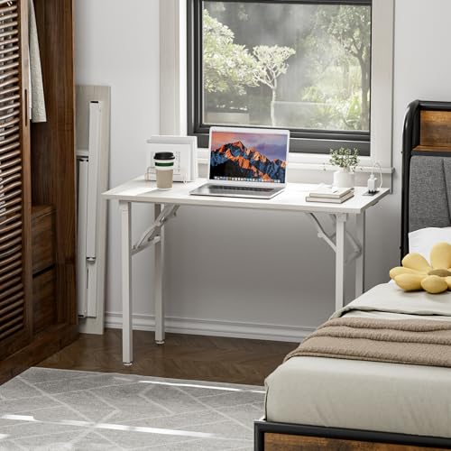 Image of TEMI Small Computer Desk Folding Table - No Assembly, Compact 43.3 inch Foldable Desk with Power Outlets & USB Charging Port, Portable Small Office Desk, Ideal Mini Study Table for Narrow Spaces,White Ash