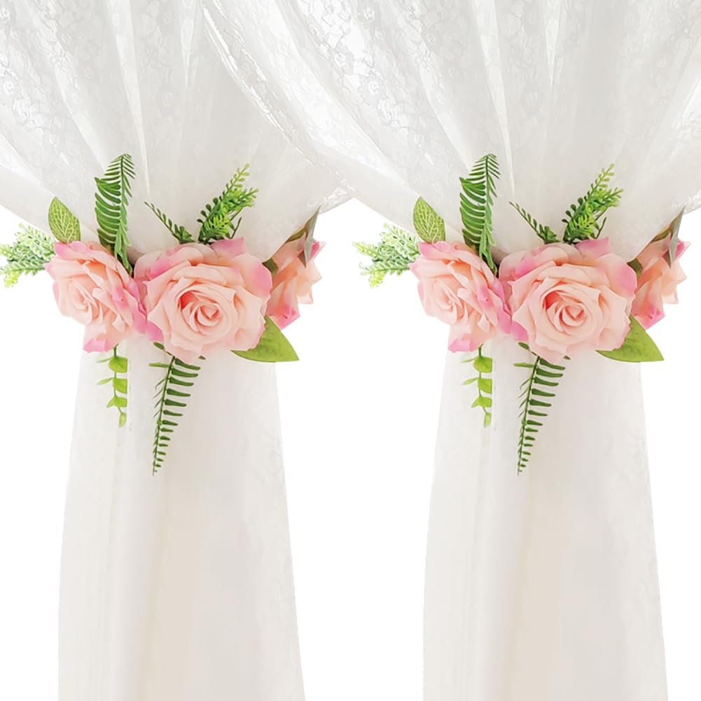 EHERDM 2pcs Magnetic Curtain Tieback Pink Flower Elegant Rose Floral Tie Backs for Curtains Drapes Window Adjustable Fancy Aesthetic Wedding Curtain