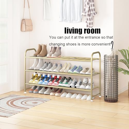 Image of LINZINAR Shoe Rack Long 3 Tier Shoe Storage Organizer Metal Wide Shoe Shelf for Closet Entryway Bedroom 24 Paris Large Capacity, Gold