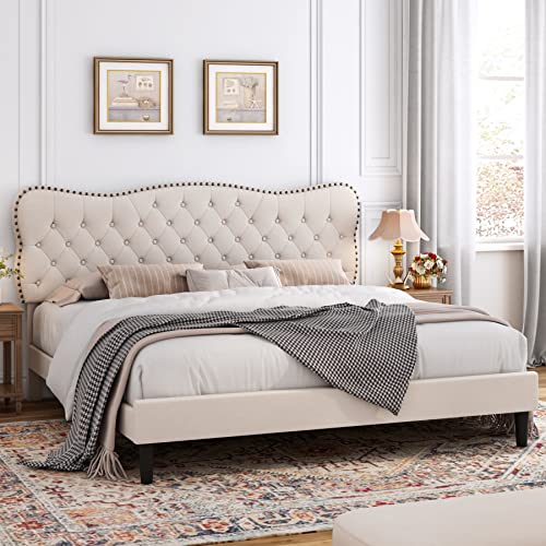 Hostack King Size Bed Frame, Linen Fabric Upholstered Platform Bed Frame With Adjustable Headboard, Diamond Tufted Mattress Foundation With Wood Slats, Easy Assembly, No Box Spring Needed, Beige #TOP3