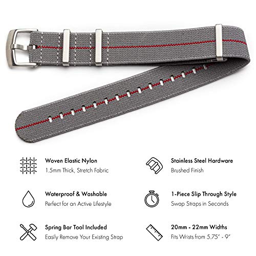Benchmark Basics Elastic Watch Band - Parachute Nylon One-Piece Military Style Watch Straps For Men & Women (22Mm, Grey/Red Striped) #TOP1