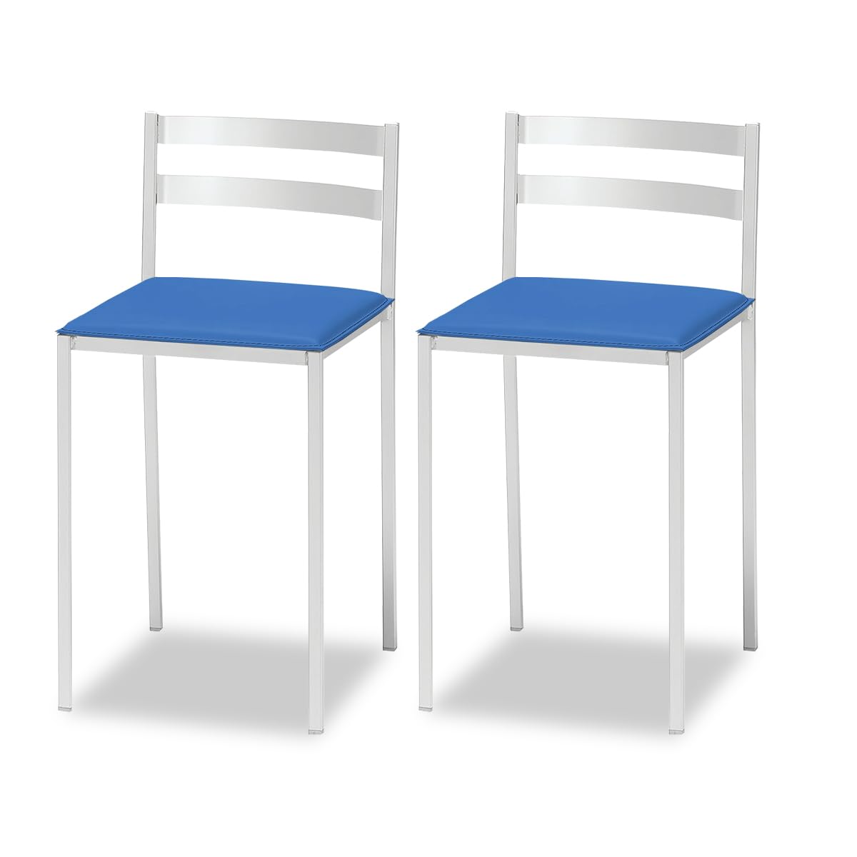 ASTIMESA 2 Kitchen Stools with Low Backrest, Horizontal Stripes and Upholstered Seat – White Structure – Blue Leatherette Seat
