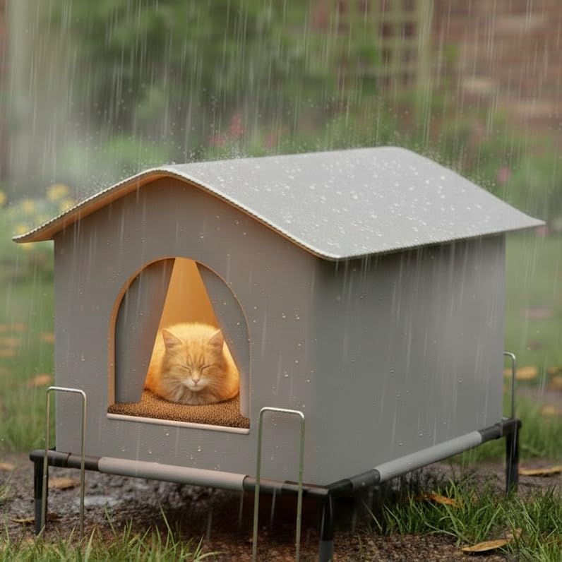 Outdoor Cat House Waterproof Insulated, Cat Shelter Outdoor with 4 Ground Stakes, 7cm Elevated Outside Cat House Waterproof, 3 Sizes for S/M/L Cats (M)