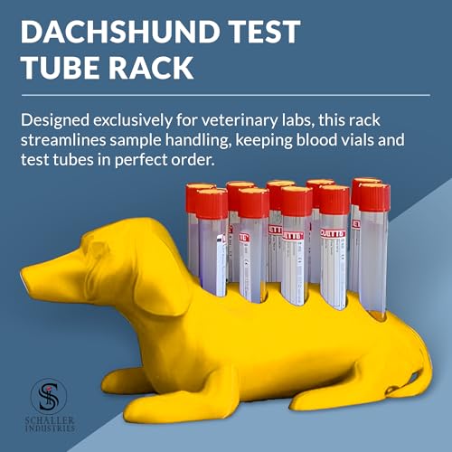 Image of Schaller Industries Dachshund Test Tube Rack - for 13mm Lab Vertical Storage Tubes, Holds 10 Glass & Plastic Test Tube Holder Rack, Vial Holder, Phlebotomy Supplies and Equipment- Bright Yellow