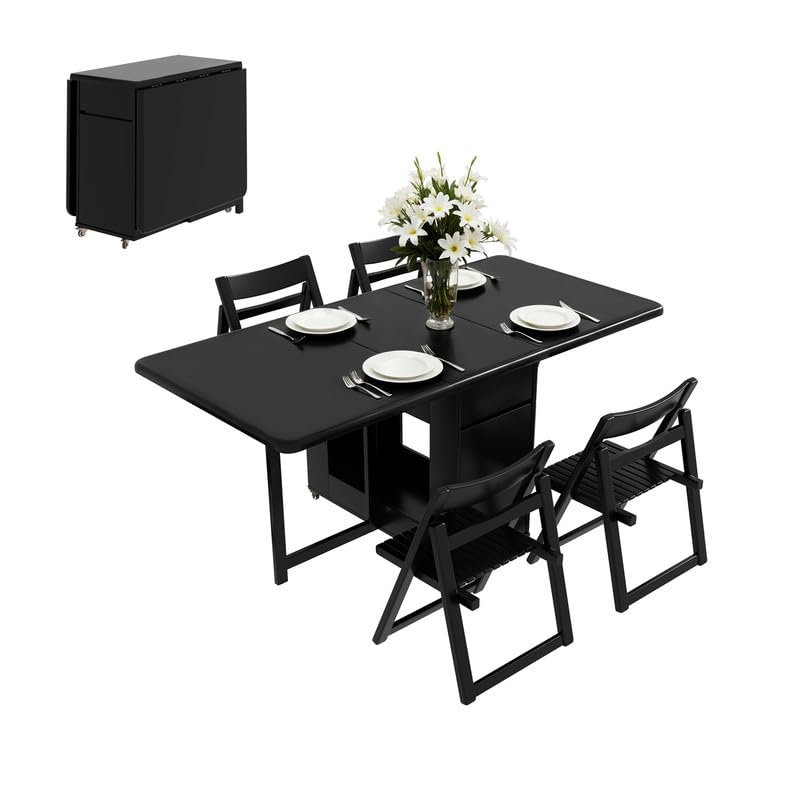 Extending Drop Leaf Dining Table and Chairs Set 4 Seater, Fully Assembled Space Saving Foldable Solid Wood Kitchen Table with Storage and Lockable Wheels (Black, 150 cm Table with 4 Chairs)