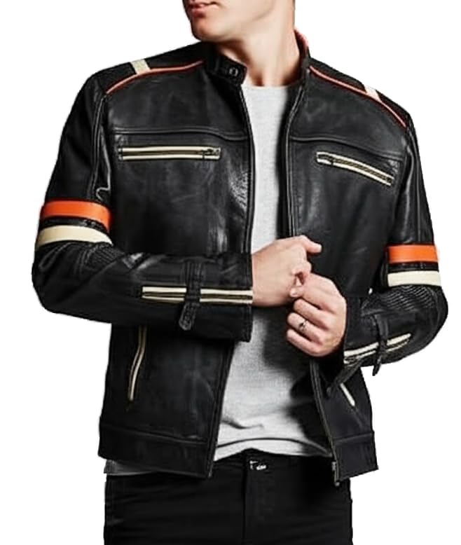 SpazeUp Men's Vintage Motorcycle Cafe Racer Black Distressed Leather Jacket - Retro Moto Biker Jackets for Men
