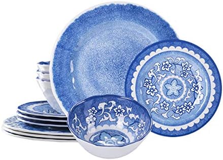 Cocorea Melamine Dinnerware Sets - 12 Pcs Blue Plates and Bowls, Unbreakable Lightweight Summer Dishes for Indoor Outdoor, Dishwasher Safe