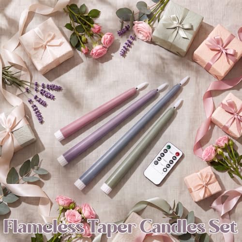 Image of Rossesay 16 Pcs Christmas Flameless Taper Candle with Remote Morandi Color | Battery LED Flickering Flame, 4 Sizes 8.5 inch-12.8 inch, Remote Timer, Bulk Set for Wedding Party Xmas Halloween Decor