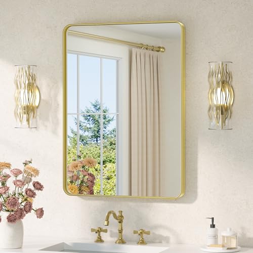 Image of TETOTE 22 x 30 Gold Bathroom Mirror Brushed Gold Metal Framed Vanity Mirror, Tempered Glass, Wall Mounted for Bathroom, Entryway, Bedroom, Living Room(Horizontal /Vertical)