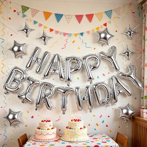 Image of Silver Happy Birthday Balloons Banner 16 Inch Mylar Foil Letters, 10 Inch Five & Four Star, Inflatable Party Decor and Birthday Decorations for Women, Men, Boys & Girls Kids and Adults, Party Supplies