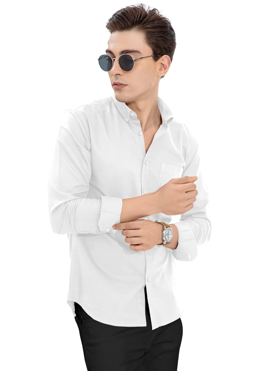 DarshakMens Long Sleeve Casual Button Down Shirts,Easy Care Lycra Shirts for Men Regular Fit