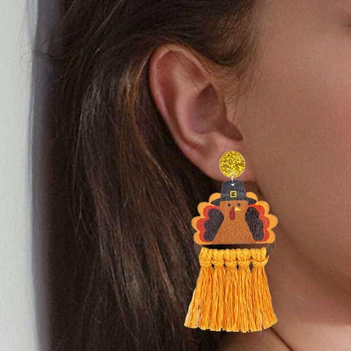 Thanksgiving Earrings for Women Wooden Turkey Pumpkin Maple Leaf Dangle Earrings Colorful Handmade Tassel Fall Earrings Autumn Festival Jewelry Gifts for Women - Image 3