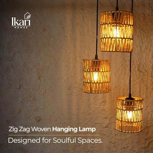Image of Ikari Homes Rattan Chandelier 3 in1 Pendant Light, Natural Beige, Boho Style, E27 Base, Chandelier for living Room I Dining I Bedroom I Balcony I Adjustable Wire - (Bulbs not included) (Zig Zag Plain)