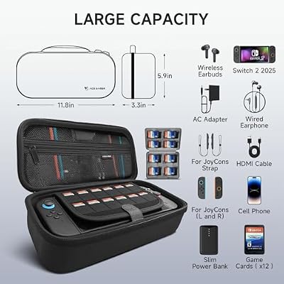 AceGamer Large Capacity Carrying Case for Nintendo Switch 2 (2025) - 3 in 1 Accessories Bundle with Screen Protectors, Game Card Holder, 12 Game Cartridges, Hard Shell Portable Travel Pouch, Grey