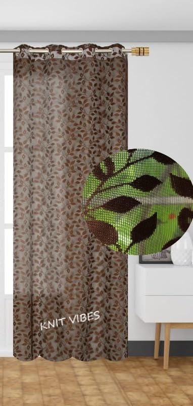 Image of Leaves Design Semi Transparent Window Curtain 5 feet Long Set of 2 pcs Drawing Room Parde | Pooja Room Curtain Panel | Sheer Curtain, Coffee Color