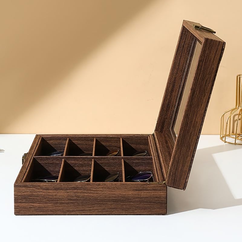 ENGENDER Estuche Para Gafas Caja de almacenamiento gafas sol 8 rejillas cuero con veta madera retro, gran capacidad, ideal for viajes y familias