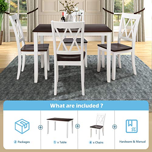 Image of Harper & Bright Designs 5-Piece Wood Dining Table Set for 4, Kitchen Furniture Set with 4 High Back Dining Chairs for Small Places,White+Cherry