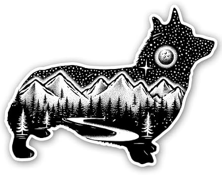 Corgi Decal Sticker for Car or Truck Windows Plus Laptops and Tumblers-Pembroke Welsh Dog Vinyl Sign Art Print with a Forest, Trees, River and Mountains with the Moon and Stars, 5in x 3.9in, Small