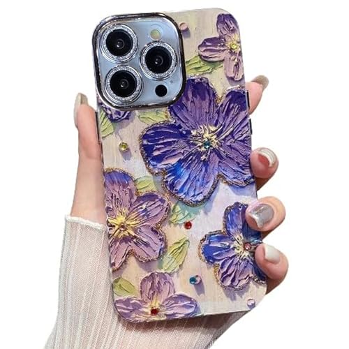Image of Elzzi Compatible with iPhone 16 Pro Case Oil Painting Flower Colorful with Len Prtotection Shockproof PC+TPU Glossy Back Cover for Girls Women,Purple