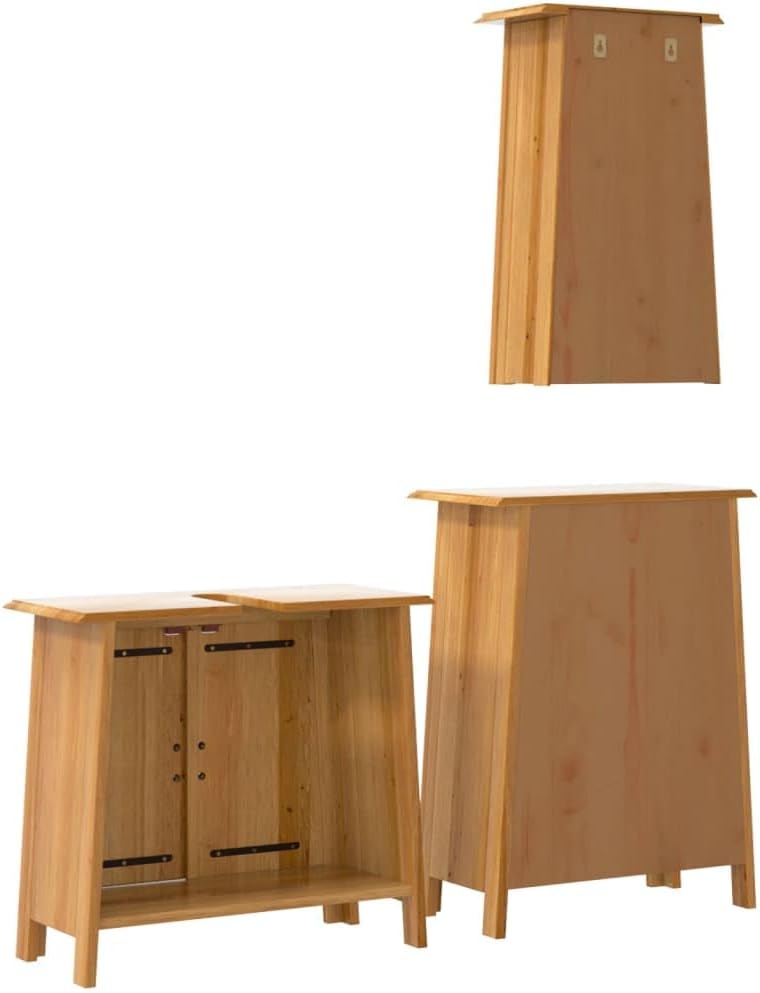 Bathroom Vanity Sink Cabinet Set, Rustic Solid Pine Wood Bathroom Storage Organizer with 4 Doors, Farmhouse Style Furniture Unit for Bathroom Space Saving, Brown