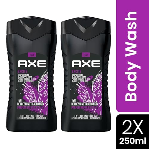 Image of AXE Excite 3-in-1 Body, Face & Hair Wash | Crisp Coconut & Black Pepper Scent | 12H Refreshing Fragrance |Combo of 2| 250 ml Each
