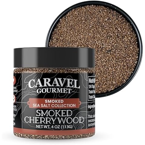Smoked Cherrywood Fine Sea Salt - All-Natural Sea Salt Slowly Smoked for Perfect Smoky Flavor - No Gluten, No MSG, Non-GMO, Kosher - Cooking or Finishing Salt - 4 oz Jar - Caravel Gourmet Cover