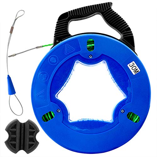 Preisvergleich Produktbild Akuoly Einziehband 30m Einziehdraht Einziehspirale mit Führungsfeder Polyester Einziehhilfen ideales Einzugsband zur Kabelverlegung in Blue Kunststoffgehäuse Green Wire