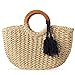 QTKJ Straw Bag, Beach Bags for Women, Woven Beach Hand Bag with Tassels Pendant, Handmade Rattan Handbag for Vacation Travel Daily (Khaki)