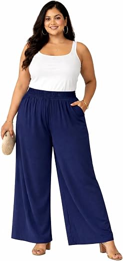 Women's Plus Size Wide Leg Palazzo Pants, High Waist, Elastic Waistband, Casual Wear