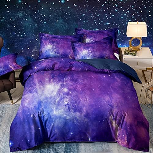 3D Galaxy Duvet Cover Set Double Purple Bedding Set Reversible Soft Microfiber Quilt Cover & 2Pillowcases with Zipper Closure for Kids Teenagers Adult Aged (200 x 200cm)