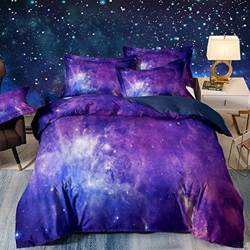 3D Galaxy Bedding Purple Sky Universe Star Duvet Cover Microfiber Quilt Cover with Zipeer Closure for Kids Teens Adults Bedding (Single 135x200cm)
