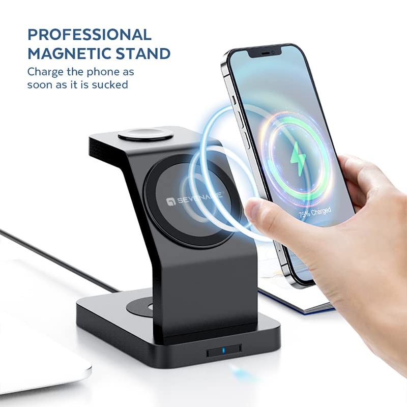 Image of Sevenaire MagCharge D1870 3 in 1 Wireless Charger | Mag-Safe |Charging Dock| 23W Fast Charge| Compatible with Mag-Safe for iPhone 16 to 12 Series | iWatch 10,9,Ultra,8,7,SE,6,5,4 | Air-Pods (BLK)