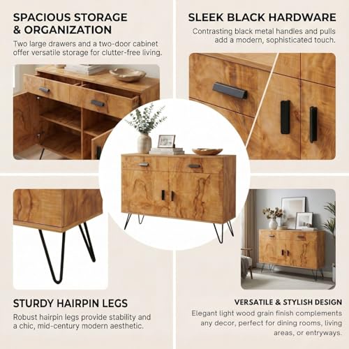 Image of FFO Wooden Sideboard Cabinet for Living Room | Wooden Living Room Storage Cabinet with Drawers, Side Cabinet for Bedroom, Modern Wood Finish, 2 Door Cupboard with Metal Legs Coach Wood DIY.