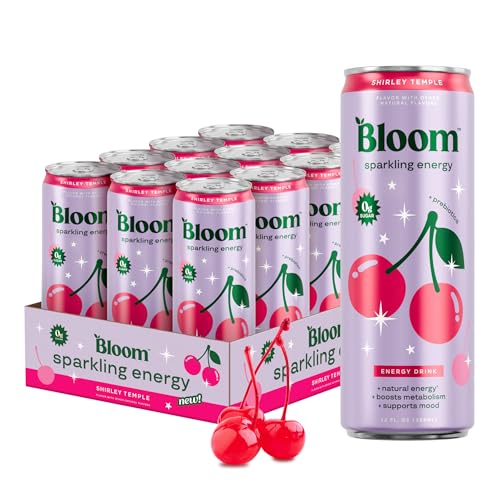Image of Bloom Nutrition Sparkling Energy Drink - Natural Caffeine, Zero Sugar, 180mg Caffeine - Antioxidant-Rich with Green Coffee Bean, Green Tea Extract, Prebiotics - Shirley Temple- 12oz 12 Pack