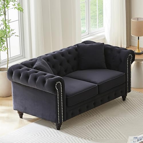 Image of Modern Chesterfield Sofa Couch, 63.5-inch Velvet Fabric Loveseat Sofa with Rolled Arms and Tufted Button for Living Room, Office, Black