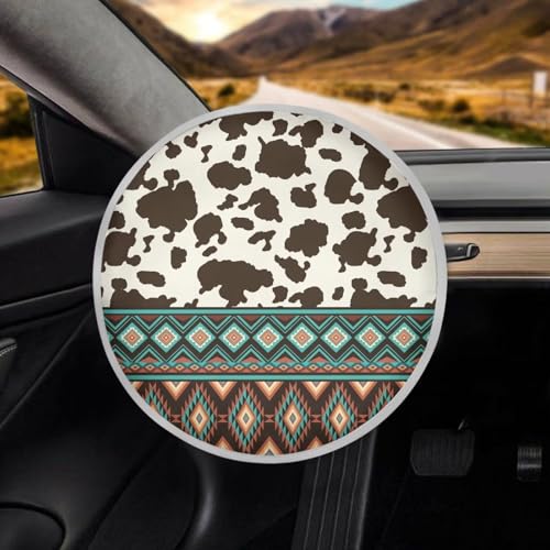 Image of Aztec Cow Print Steering Wheel Cover Sunshade Auto Interior Protector Easy Installation Steering Wheel Cover Sun Shade for UV Protection Universal Vehicle Accessories
