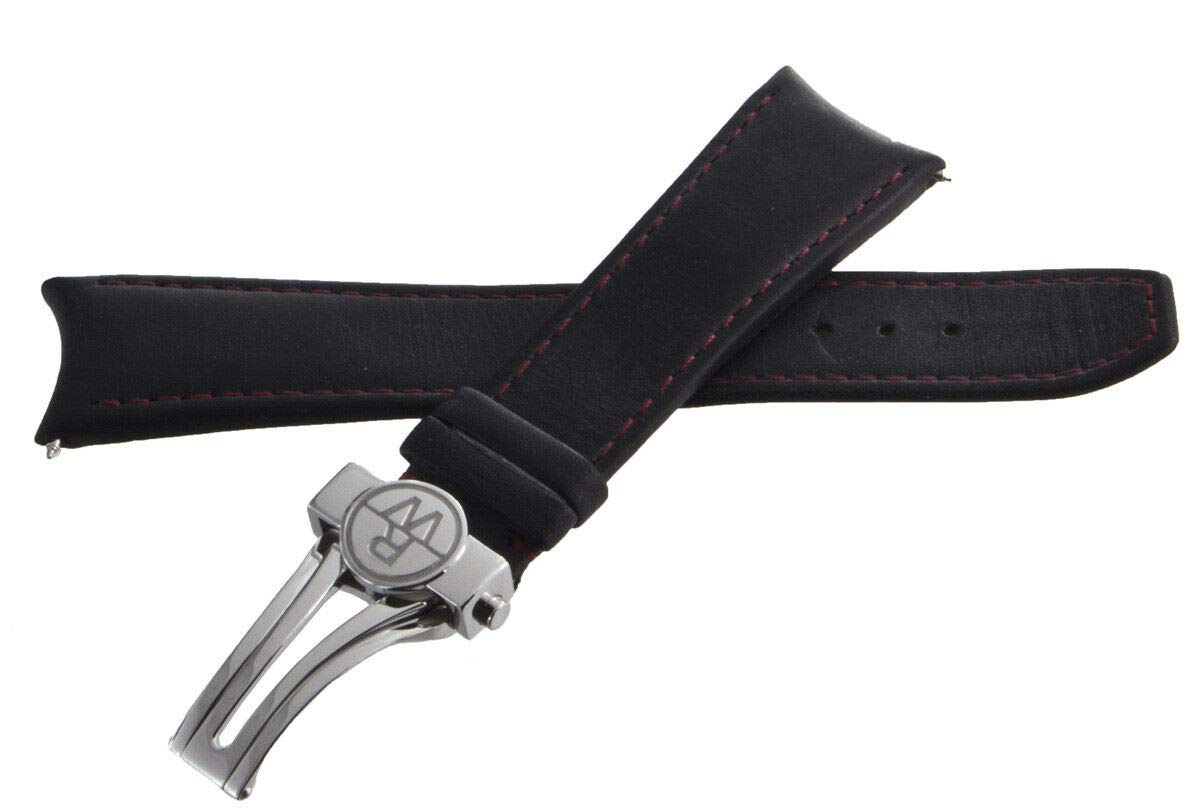 RaymondWeil21mm Black Leather Watch Band Strap with Silver Stainless Steel Deployment Buckle V3.17