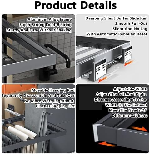 Adjustable Hanging Rod & Silent Pull-Out Trouser Rack, Movable Clothes Drying Solution for Washing Machine, Supports 35kg, Space-Saving Design (664-714mm)