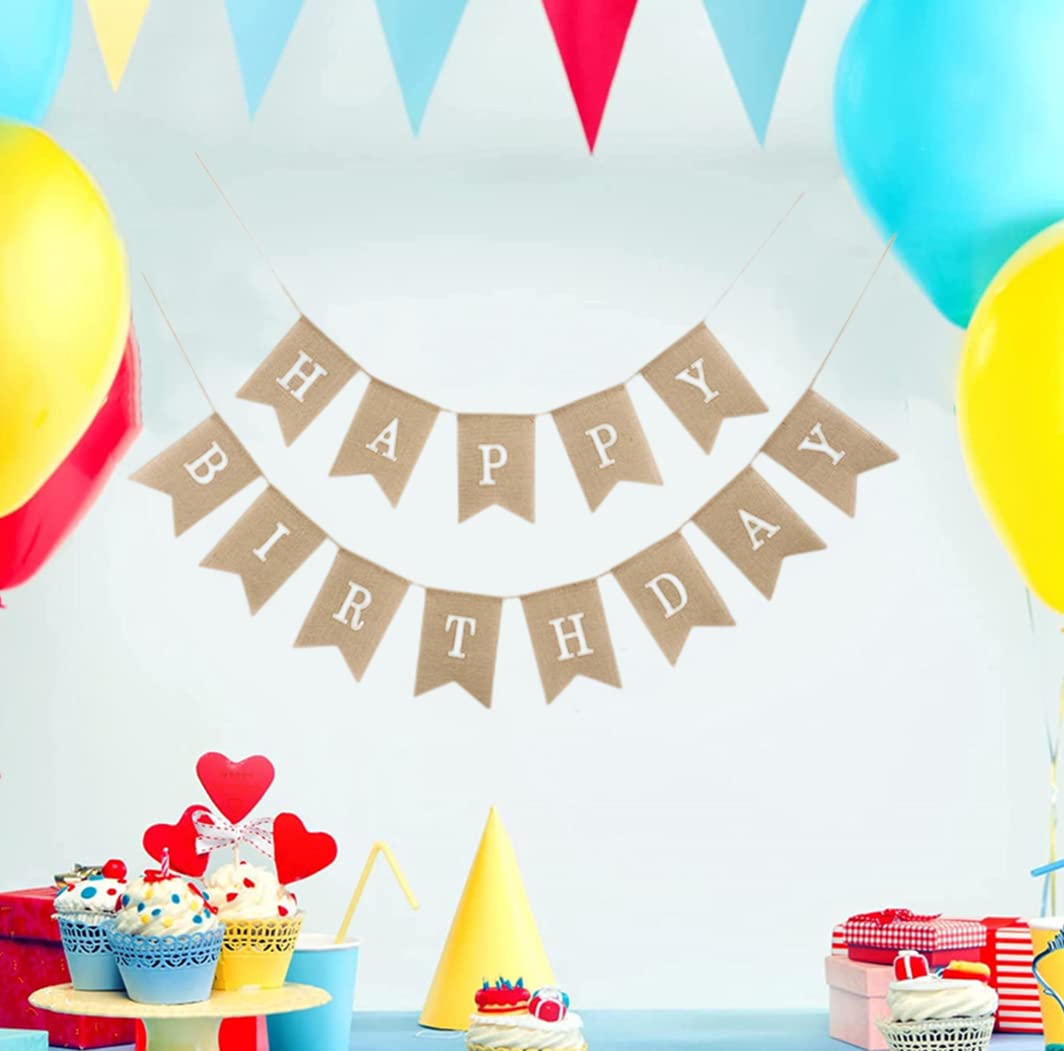 Striscione Buon Compleanno Bannière Happy Birthday Toile De Jute - Décoration Fête Anniversaire Rustique Déco Anniversaire Toile Jute