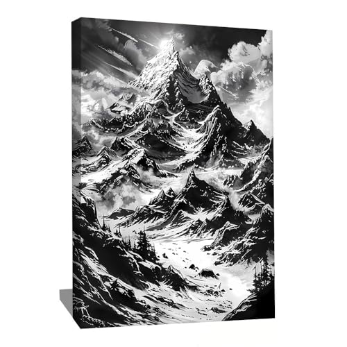 Quadro Paesaggio Montagna in bianco e nero - Tela stampata da parete in montagna - Deco Chalet Mountain Modern - Decorazione da parete per soggiorno, design - Quadro montagna Alpi nero e bianco (40 x
