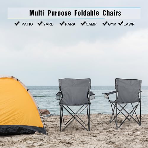 Image of HaSteeL Camping Chair for Adults, Folding Beach Chair Set of 2, Large Foldable Portable Chair for Outdoors Fishing, Hiking, Sporting, Travel, Picnic, Lawn, Hold 275lbs & A Storage Bags (Grey)
