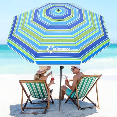 Colossx 8.5FT Beach Umbrella for Sand - Windproof Heavy Duty Iron Pole with Sand Anchor, UPF 50+ UV Protection & Tilt Mechanism, Portable Sun Shade Parasol, Carrying Bag for Beach Patio Garden Outdoor