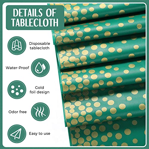 Image of Breling 8 Pack Green and Gold Disposable Plastic Tablecloths and Satin Table Runner Set, 54 x 108 Inch Tablecloth, 12 x 108 Inch Table Runners for Wedding Graduation Birthday Baby Shower New Year