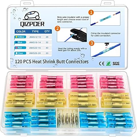 120 Pcs Heat Shrink Butt Connectors, Insulated Waterproof Wire Connector Kit, Splice Crimp Tinned Copper Terminal Electrical Connectors for Marine Cable Wiring Speaker Automotive Cover